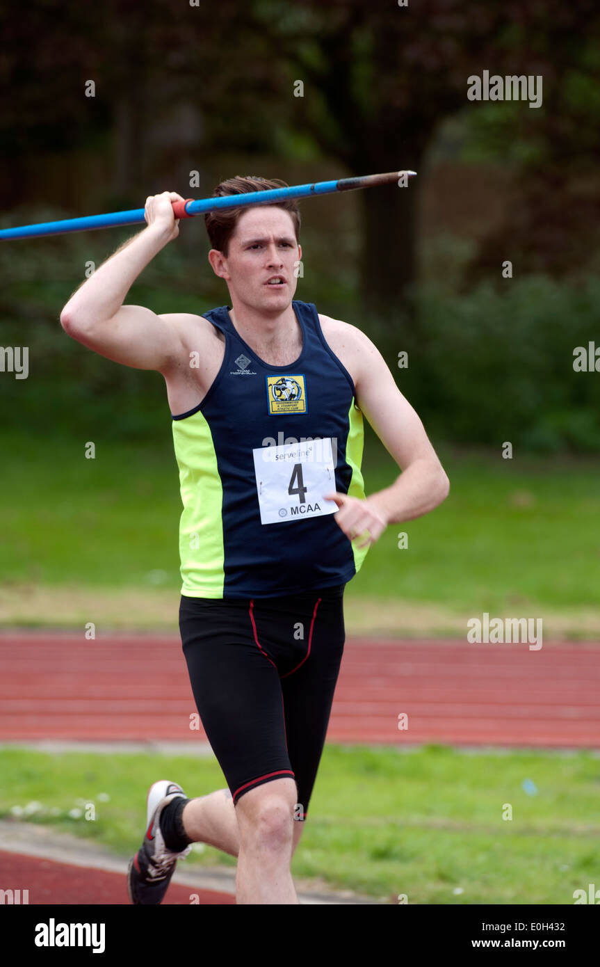 Athletics, competitor in men`s javelin at club level, UK Stock Photo